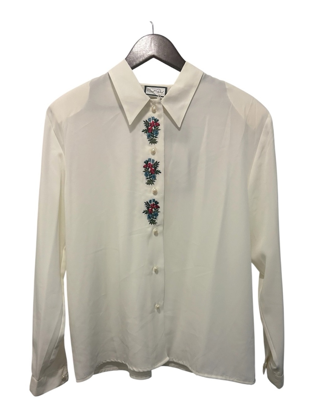 Vintage Deadstock NWT Early 90s Cream Button-Up Blouse with Floral Embroidery